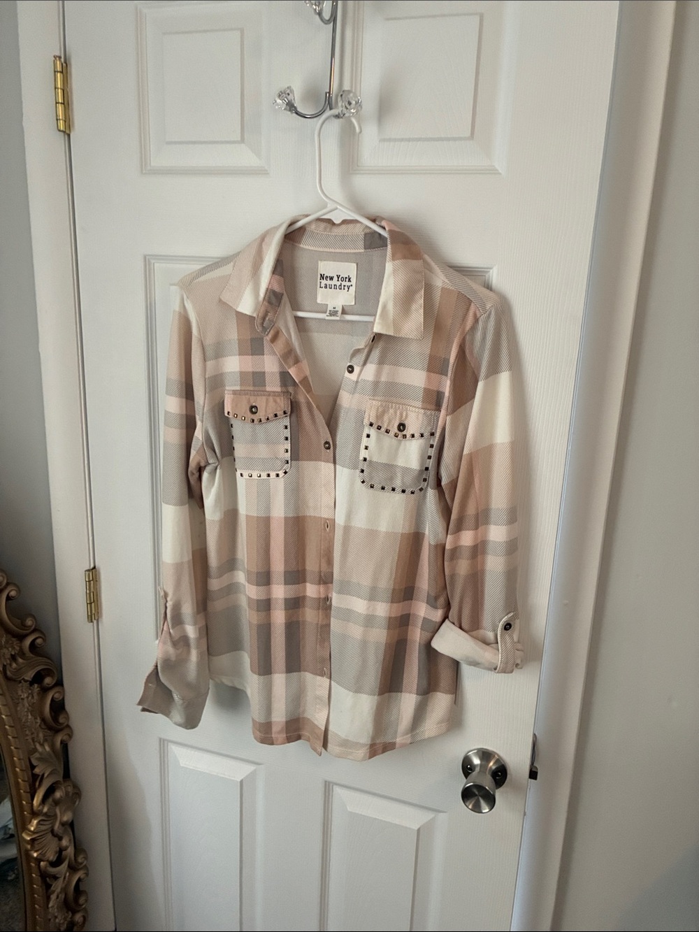 New York Laundry Beige and Cream Plaid Button-Down Shirt